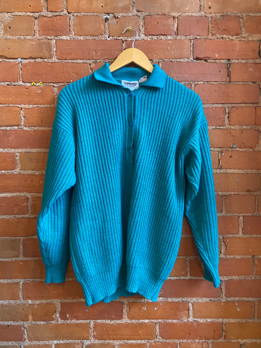 1980s Scoop Teal Green Sweater With Button Neckline