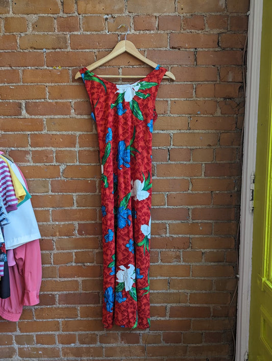 1990s Thums Up Red Hibiscus Print Maxi Dress