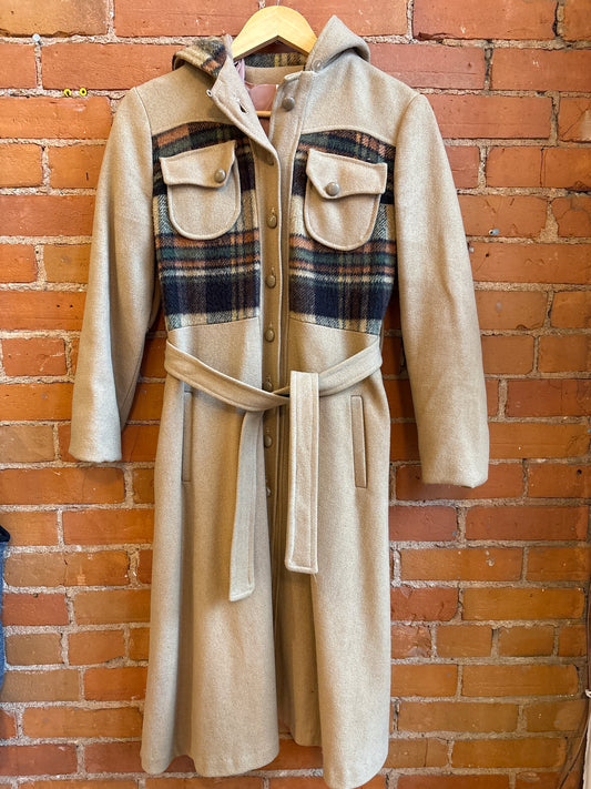 70’s Hooded Wool Jacket with Decorative Plaid Detailing