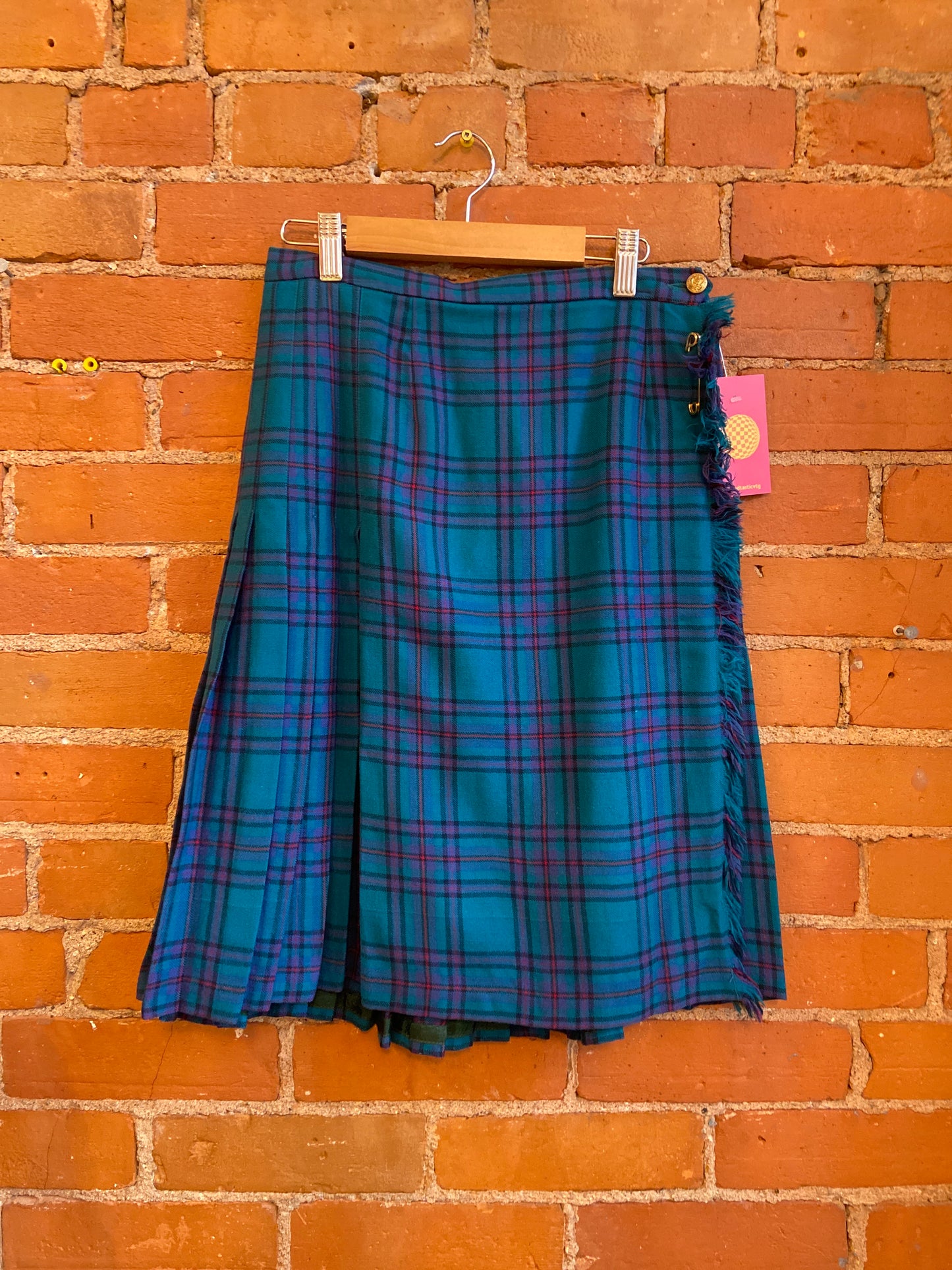 1960s Highland Queen Teal, Blue, Red and Black Pleated Plaid Skirt