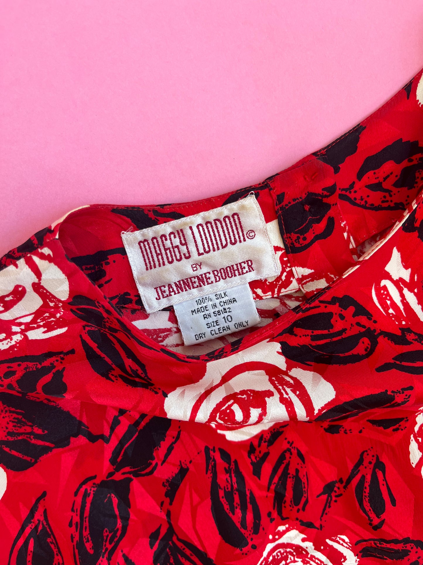 80's Red Silk Rose-Print Dress