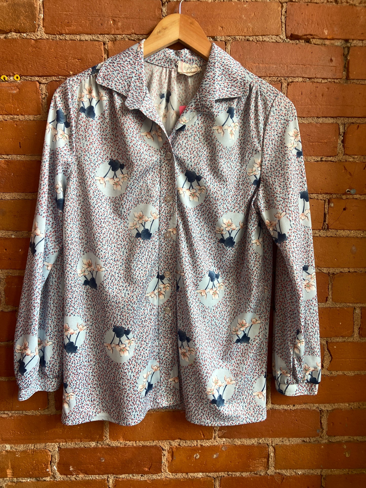1970s Paris Star Blue and Red Abstract Floral Print Blouse