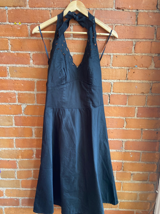 1990s Jessica Black Cotton Halter Neck Dress With Eyelet Lace Detailing