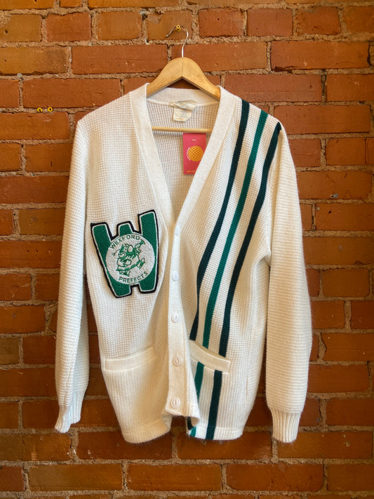 1970s or 1980s Merchant School Sport Cream Waffle Knit Cardigan With Wexford Prefects Patch