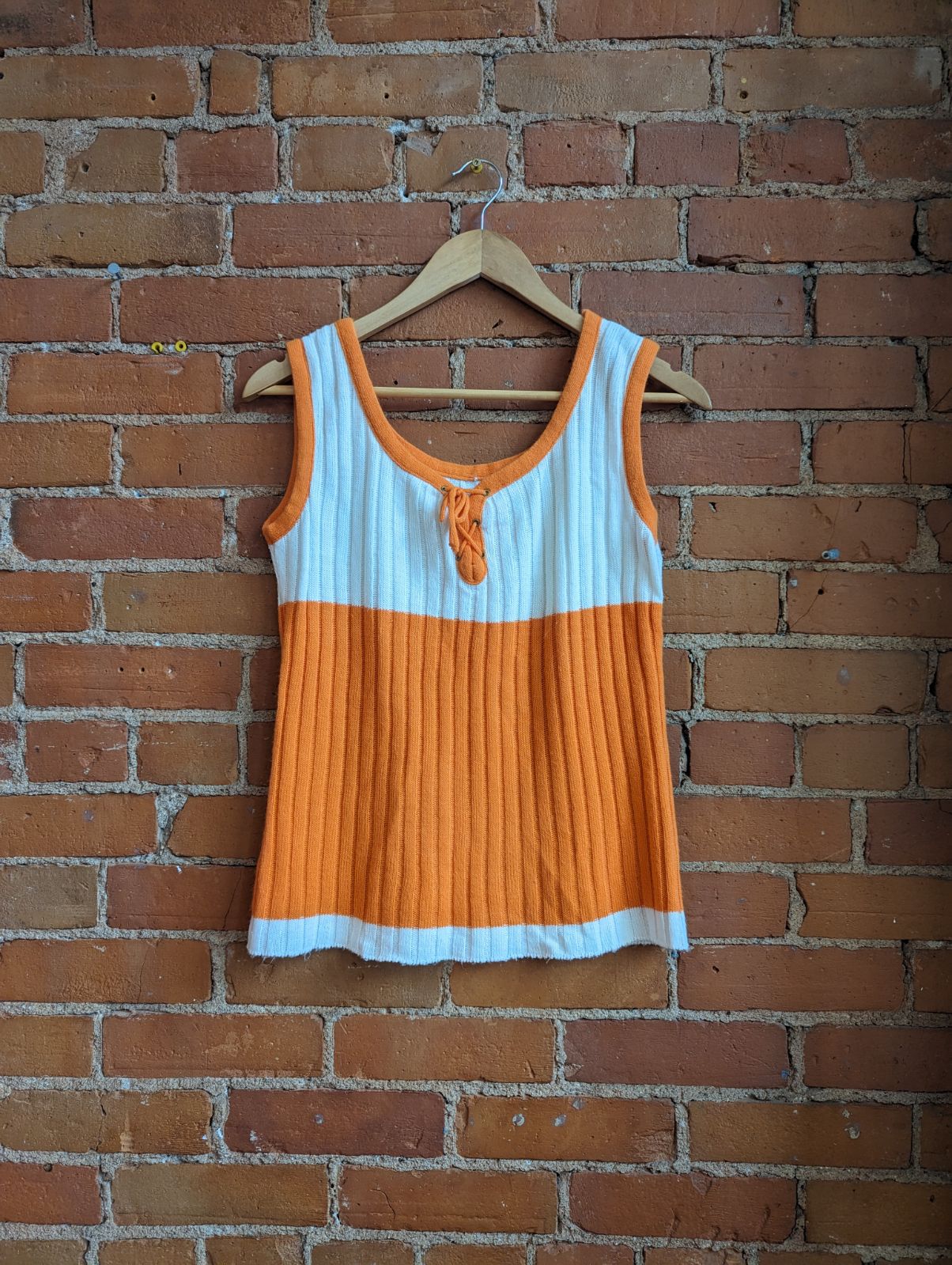 1970s Orange and White Knit Lace-Up Tank