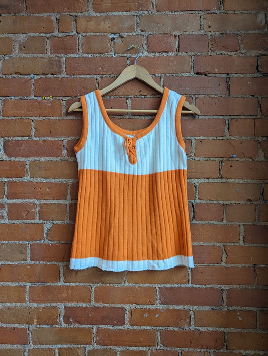 1970s Orange and White Knit Lace-Up Tank