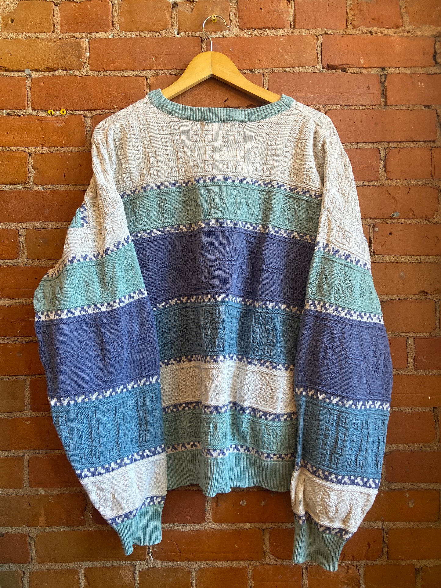 1980s Bosa Blue, Teal, Purple and White Geometric Patterned Cotton Sweater
