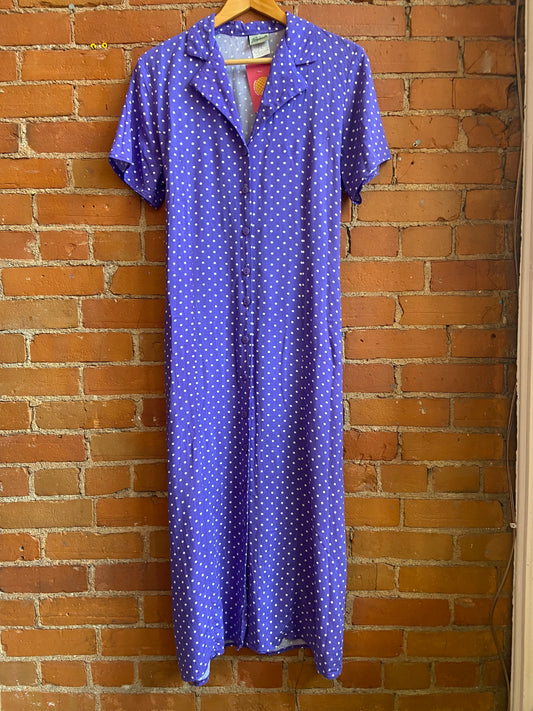 1990s Penmans Purple and White Polka Dot Button Front Shirtdress