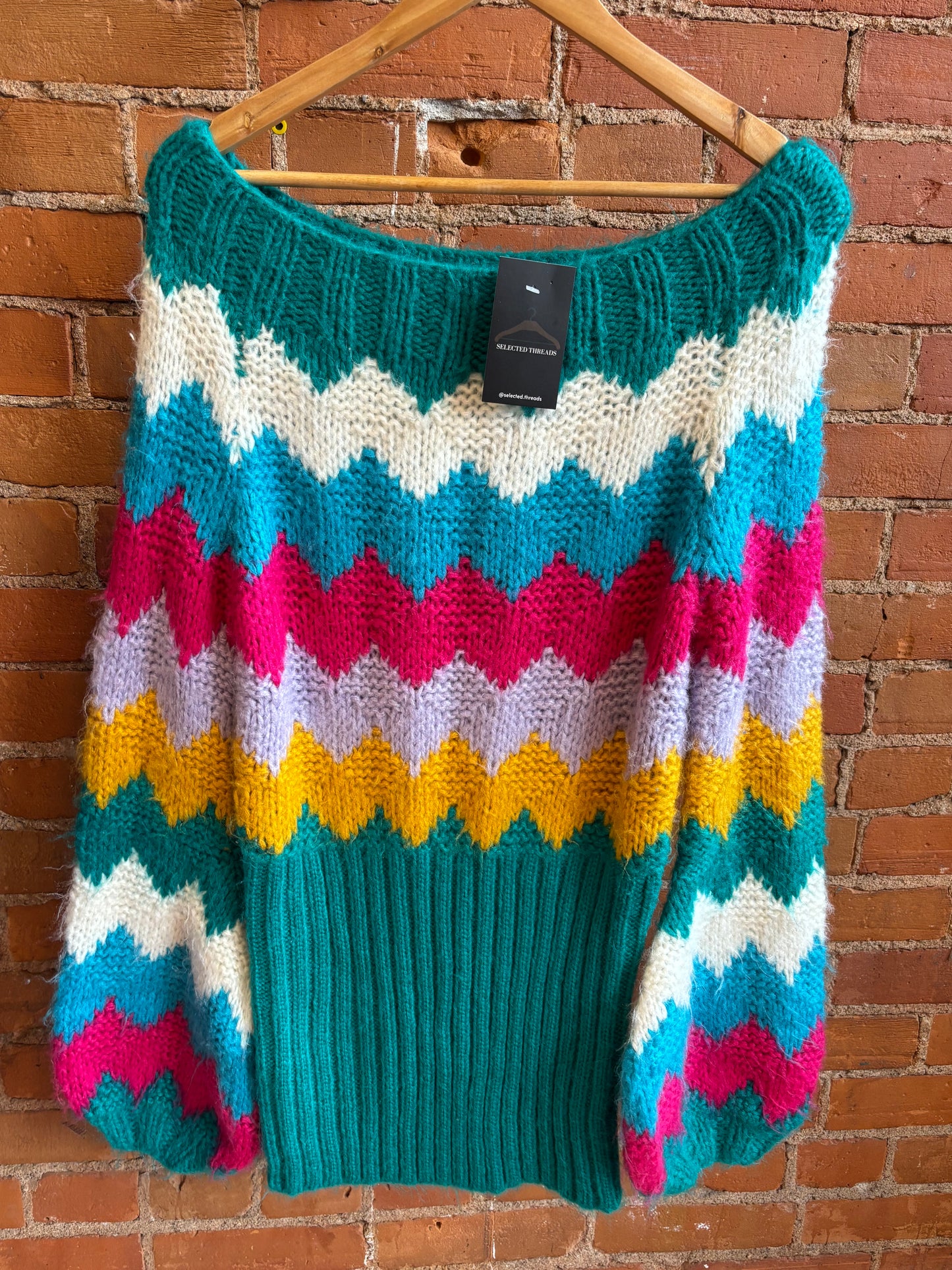 Home Knit Sweater Dress Colourful ZigZag Puff Sleeves