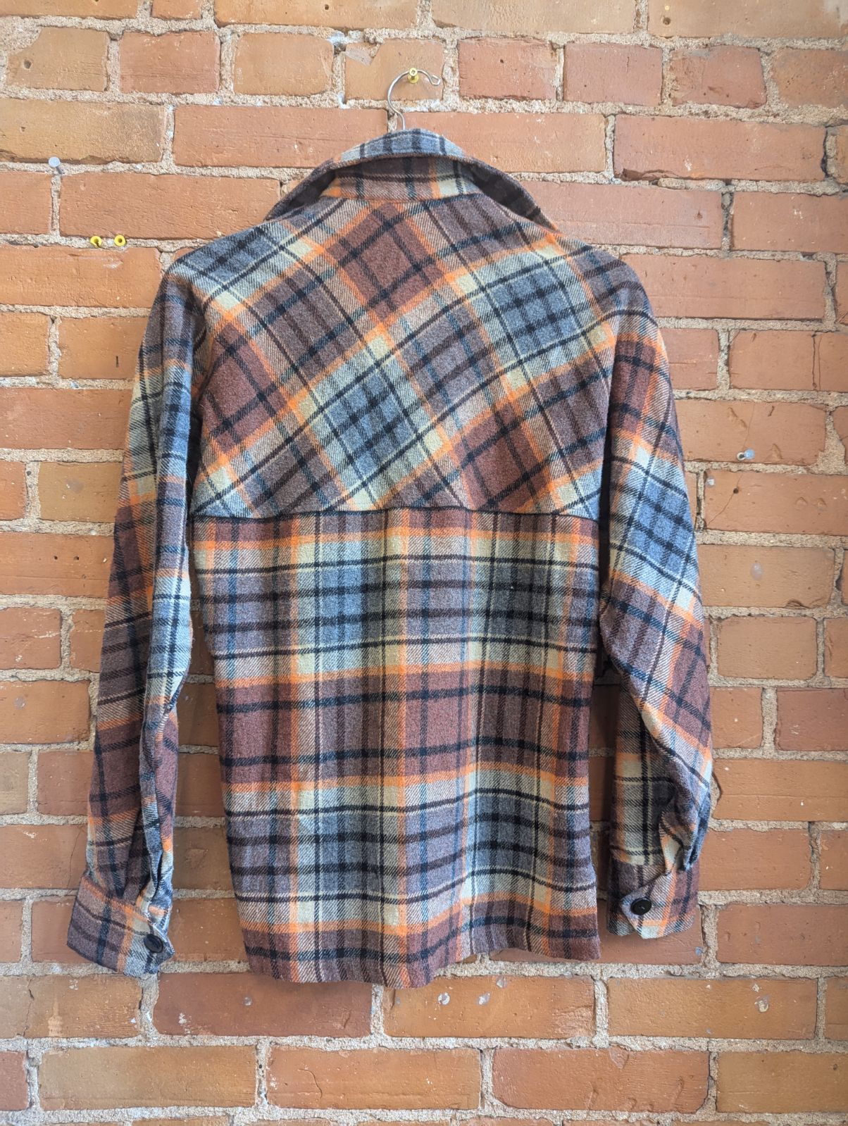 1970s Pierre Gerard by Mr Jeff Orange, Brown and Grey Wool Plaid Shirt