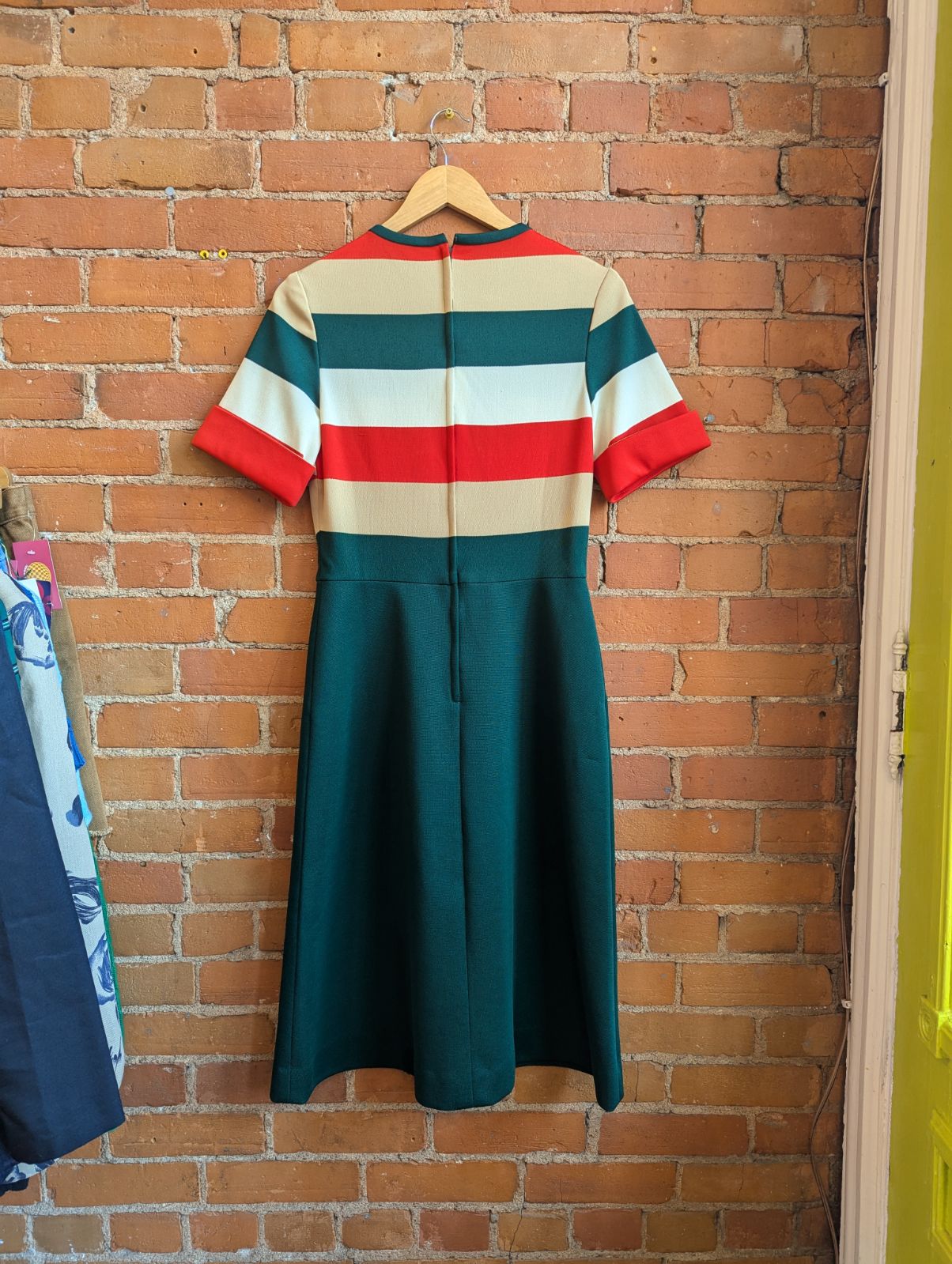 1970s Julie Miller Red, Brown, Green and White Striped Dress