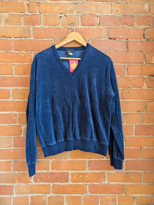 1980s Club International by Tip Top Navy Blue Velour V-Neck Top