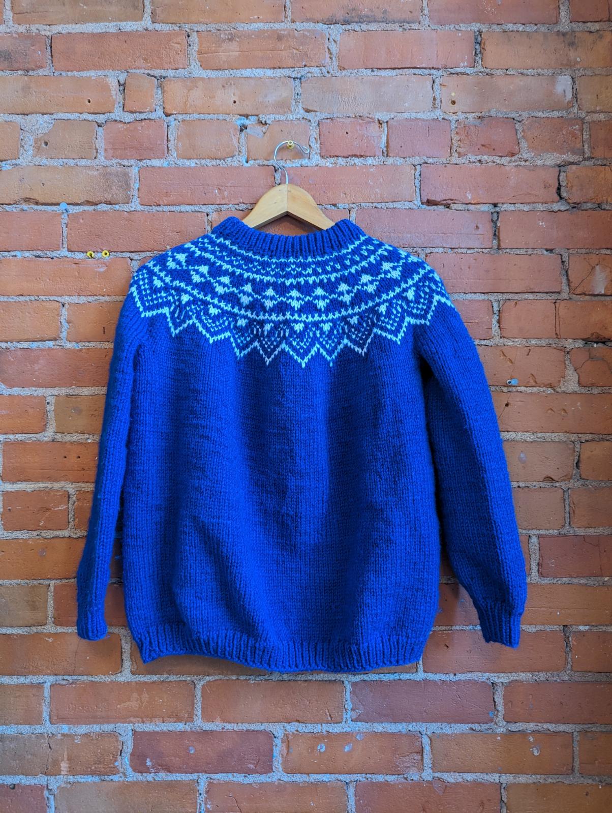 1980s Hand-Knit Blue and White Nordic Style Sweater