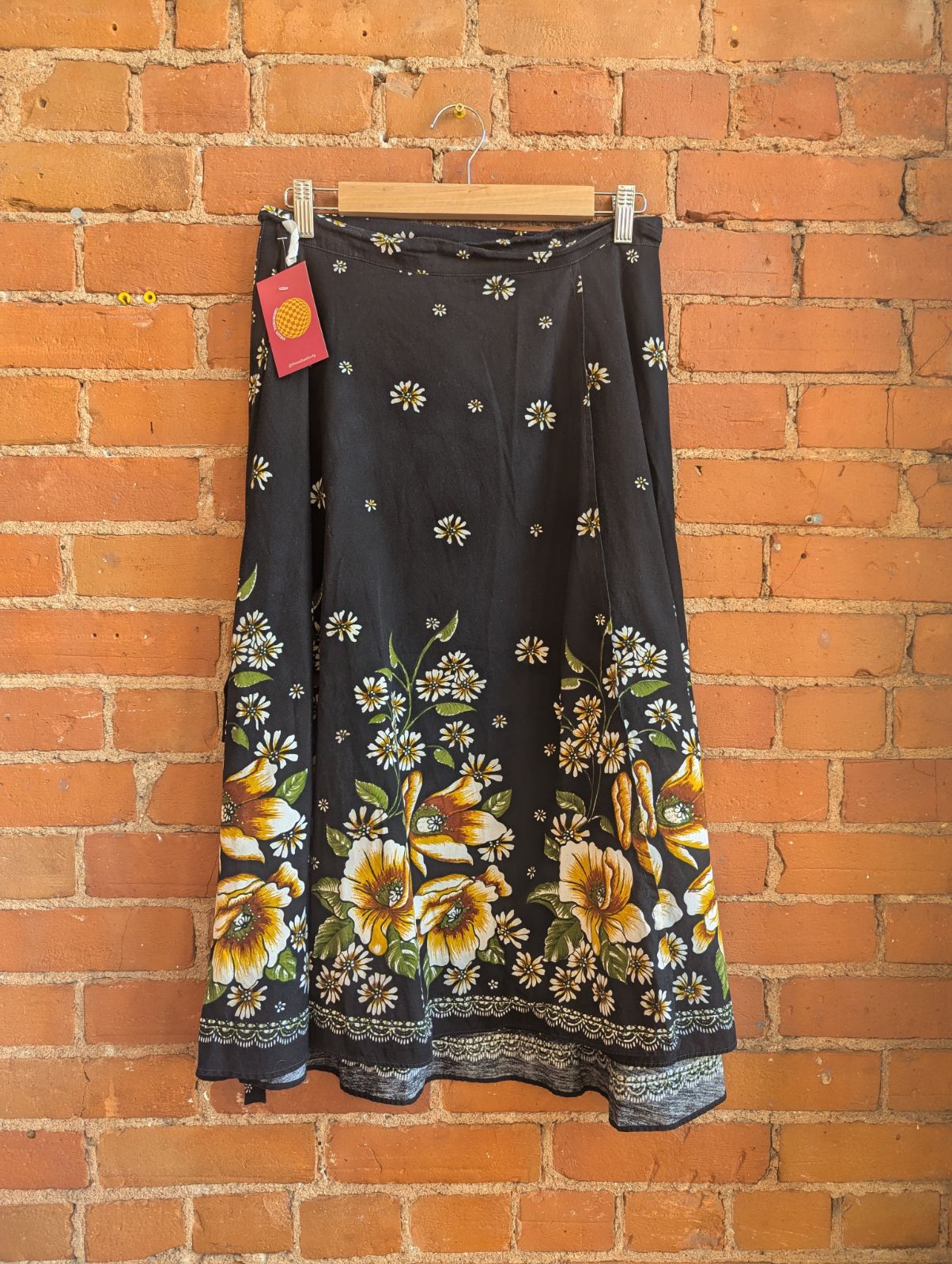 1990s Black Floral Wrap Style Midi Skirt