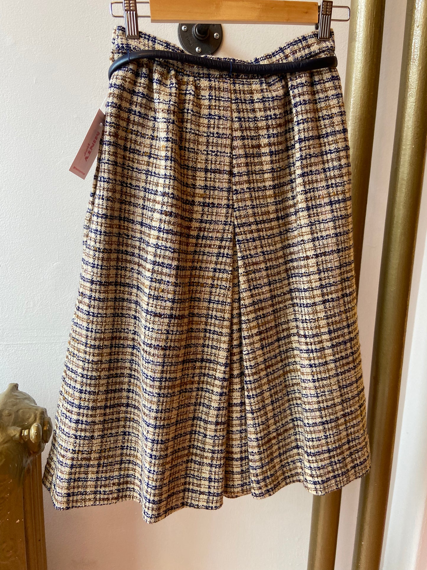 Beige & Navy Wool Plaid Belted Skirt