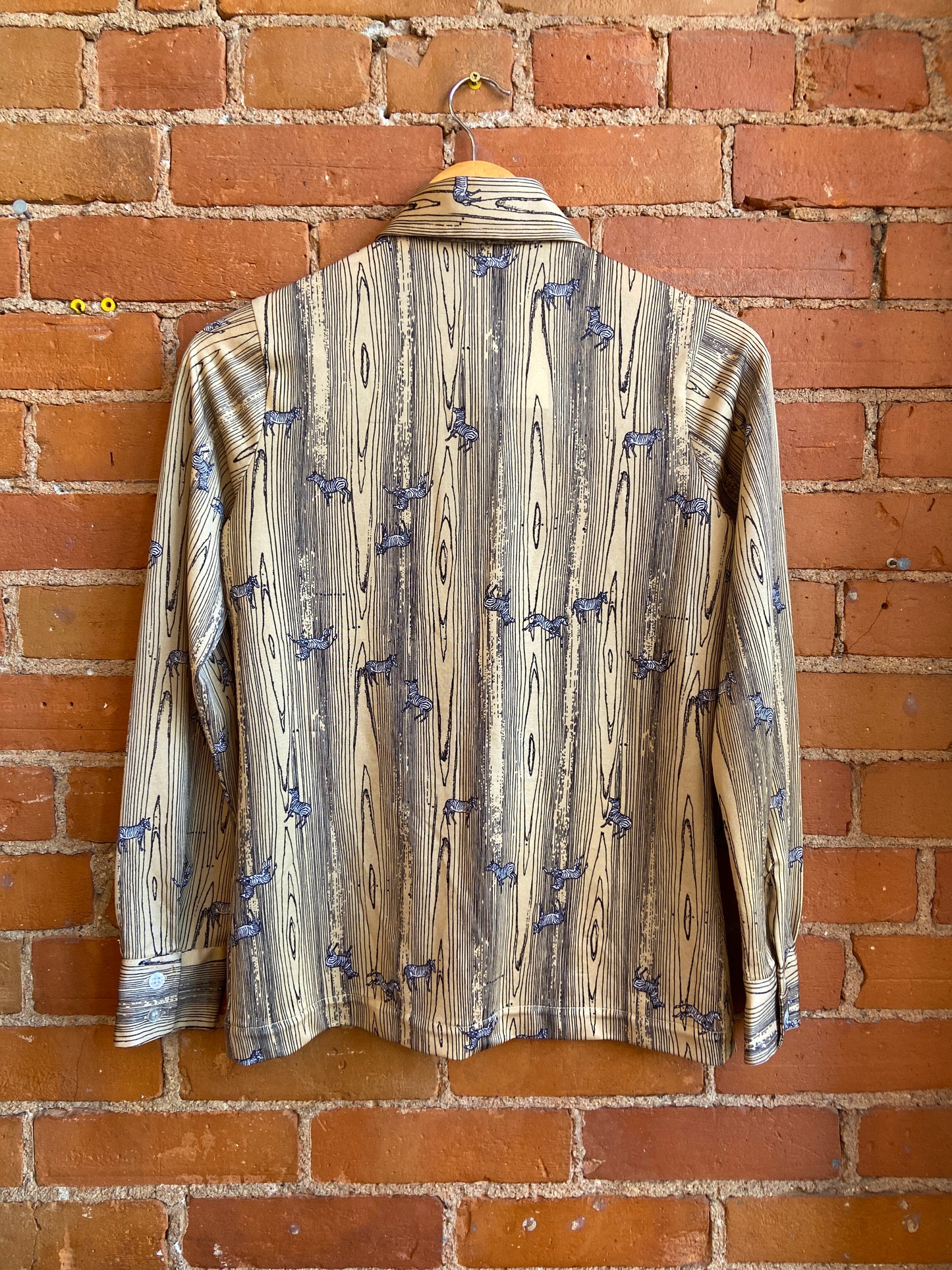1970s Wayne Taylor Dagger Collar Shirt With Faux Woodgrain and Zebra Print
