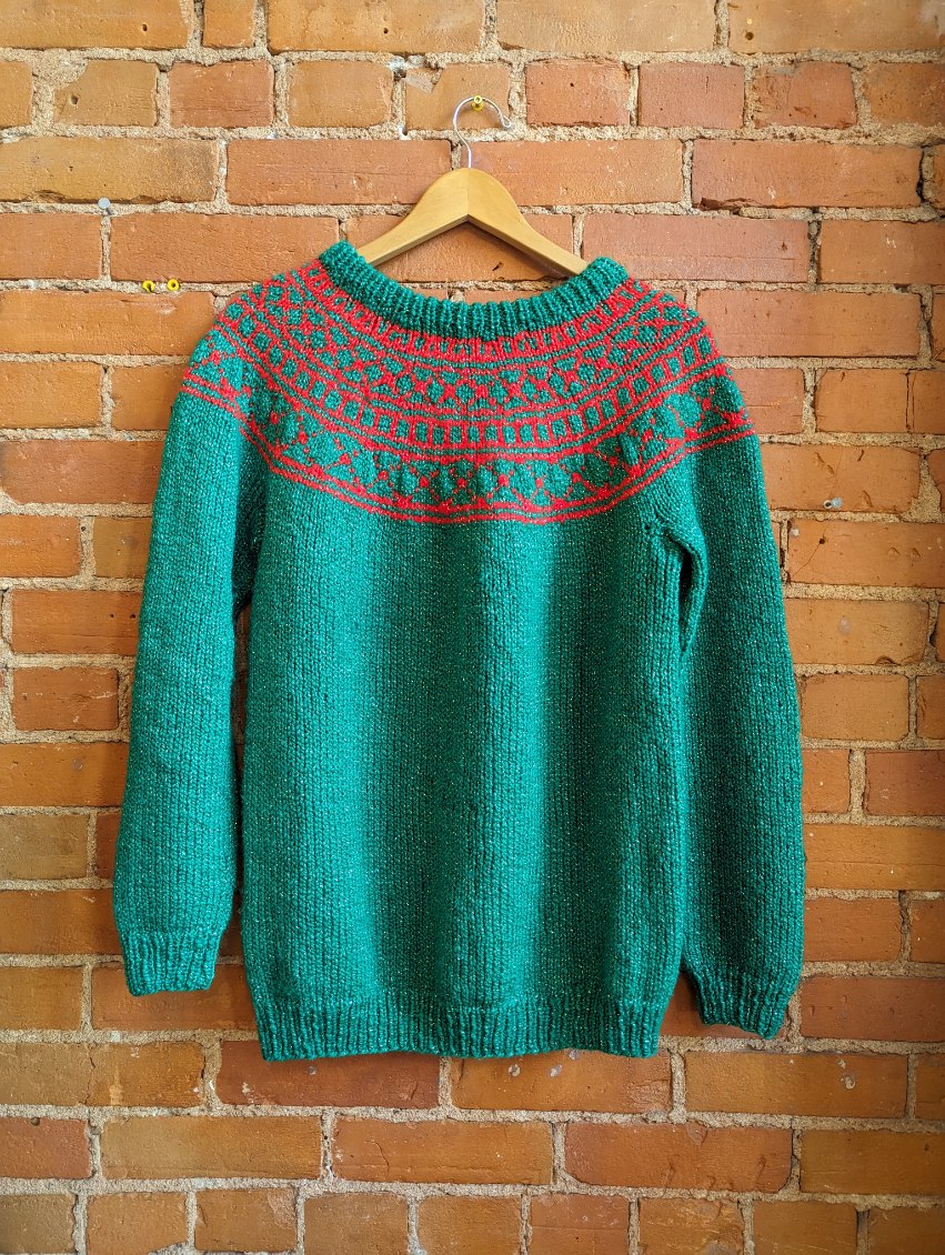 1980s Hand-Knit Red and Green Sweater With Silver Sparkle