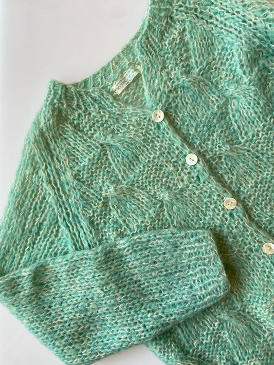 Turquoise Hand Knit Italian Wool & Mohair Cardigan