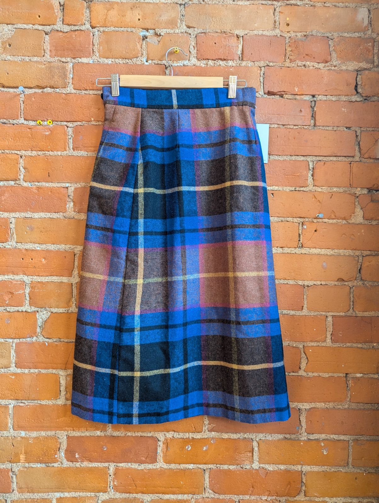 1980s Blue, Yellow, Pink and Brown Plaid Pleated Skirt