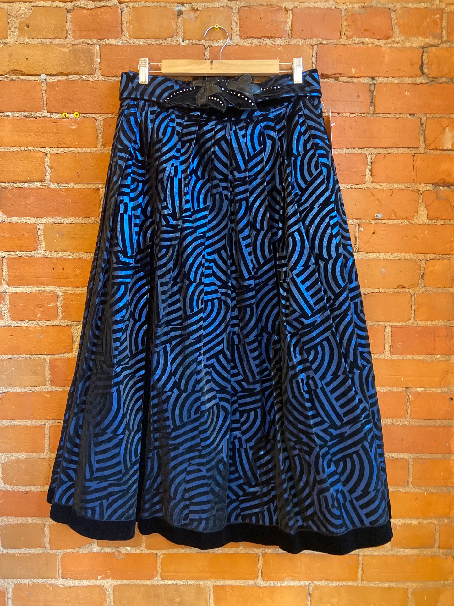 1980s Helene Straber Blue Metallic Pleated Maxi Skirt With Black Velvet Geometric Pattern