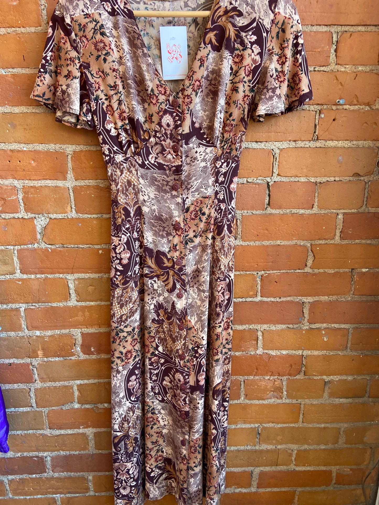 90's Brown Floral & Lace Print Buttoned Maxi Dress