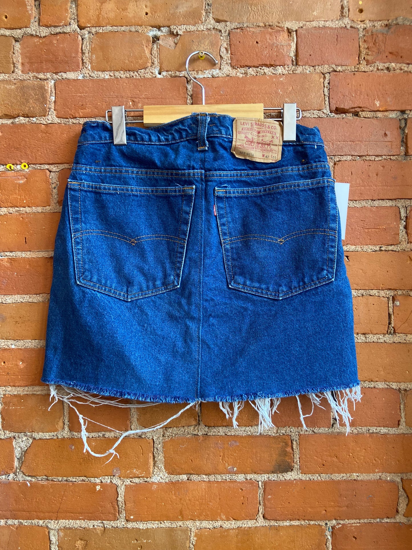Upcycled Levis Dark Wash Denim Skirt With Frayed Hem