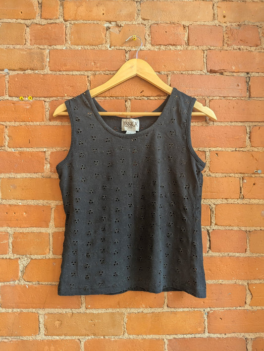 1990s Jessica Sport Black Eyelet Lace Tank Top
