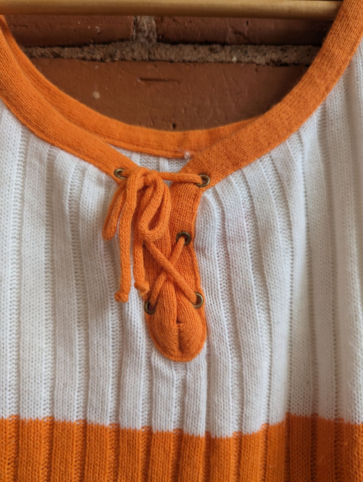 1970s Orange and White Knit Lace-Up Tank