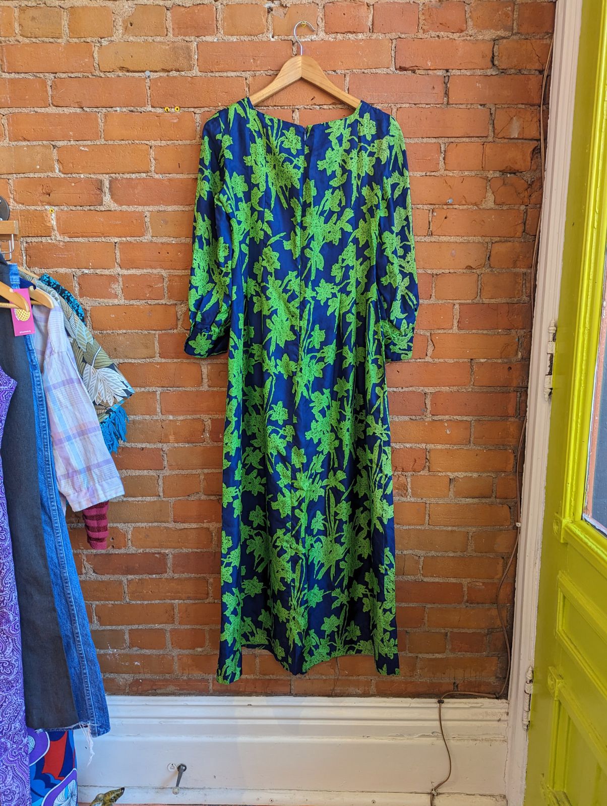 1970s Blue and Green Floral Long-Sleeve Maxi Dress