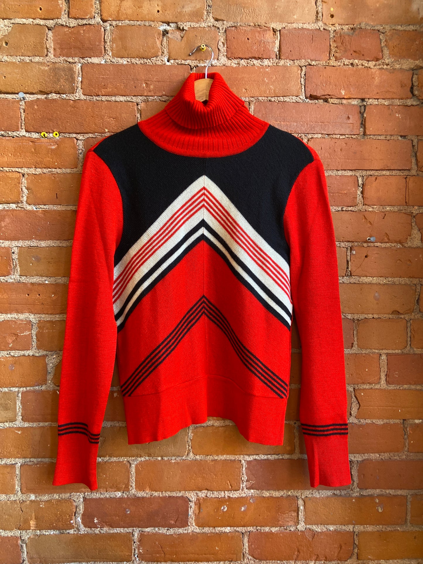 1970s Petit Franke Red, Black and White Diagonal Stripe Turtleneck Sweater