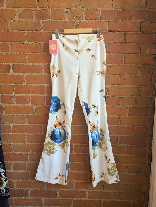 1990s XOXO White Flare Pants With Floral Print