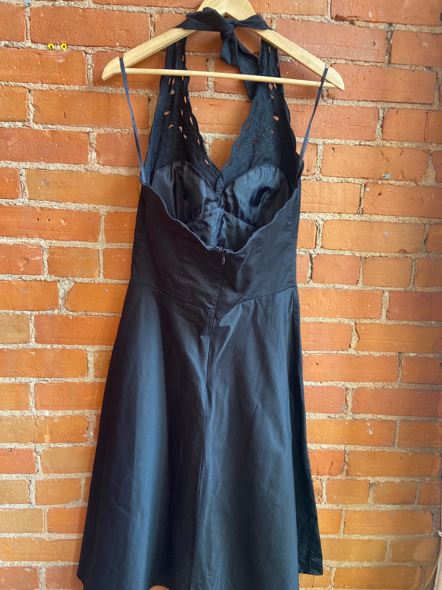1990s Jessica Black Cotton Halter Neck Dress With Eyelet Lace Detailing