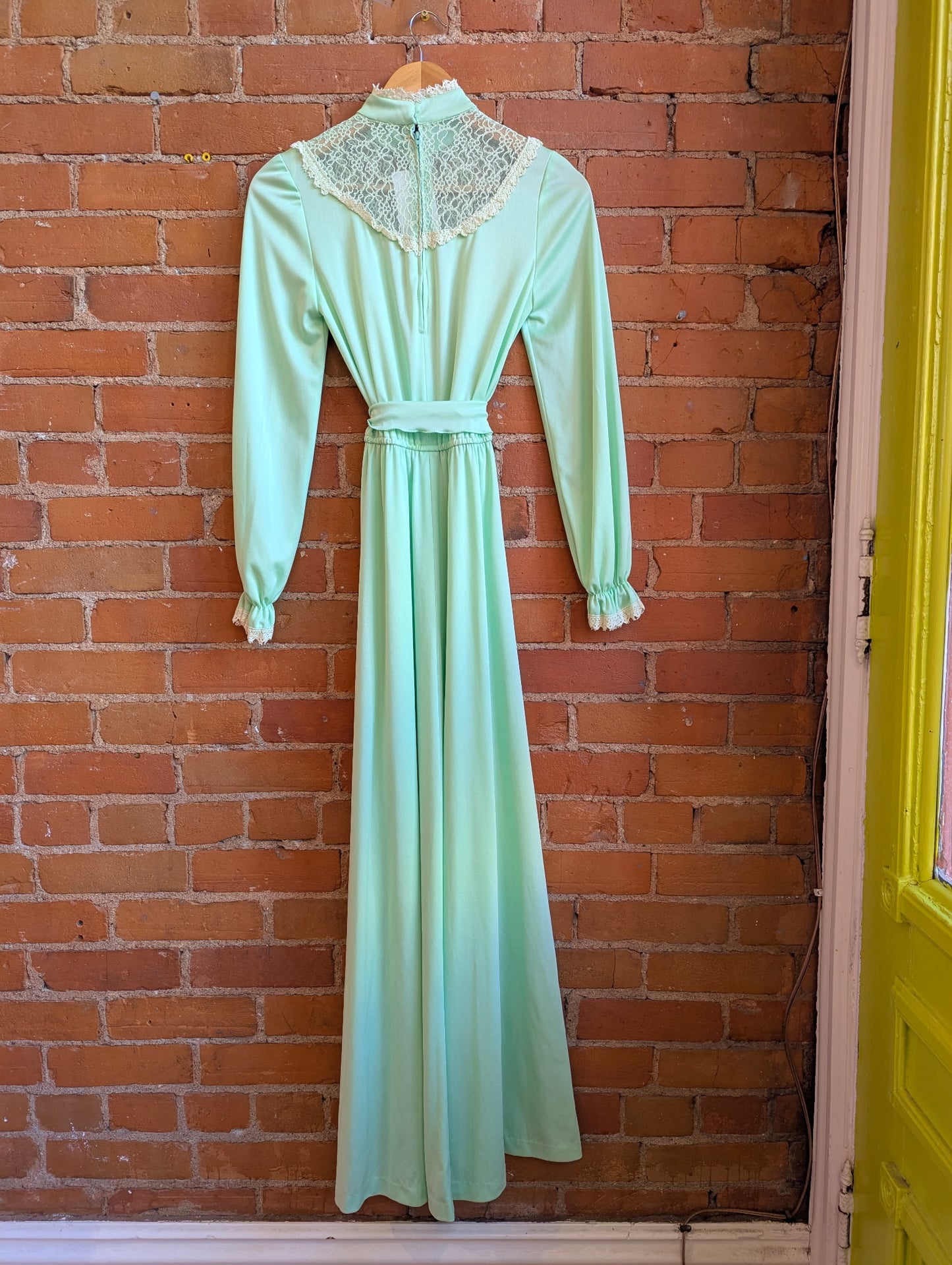 1970s Cathanne's Mint Green Prairie Style Maxi Dress With Ruffled Belt