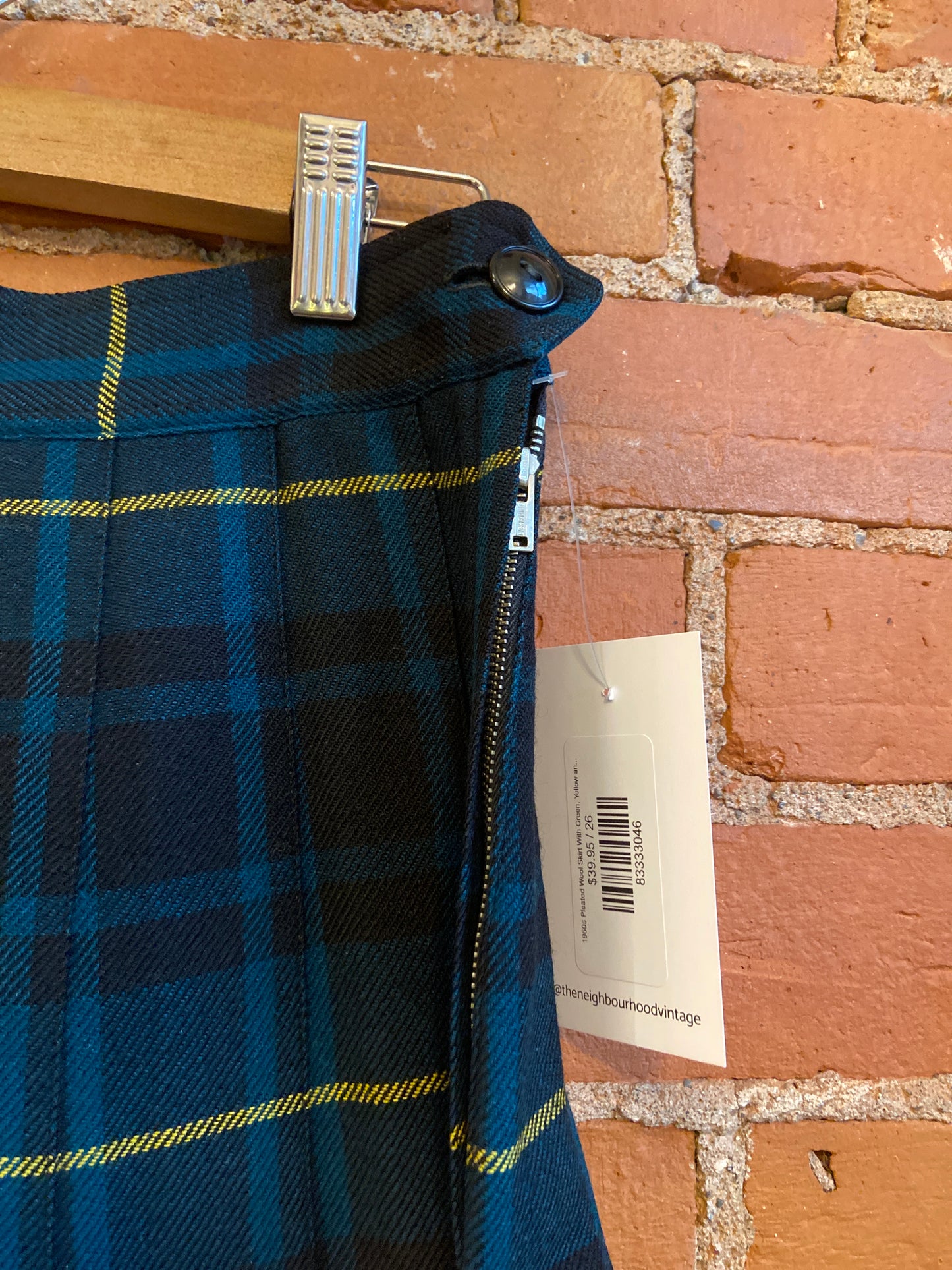 1960s Pleated Wool Skirt With Green, Yellow and Black Plaid Pattern