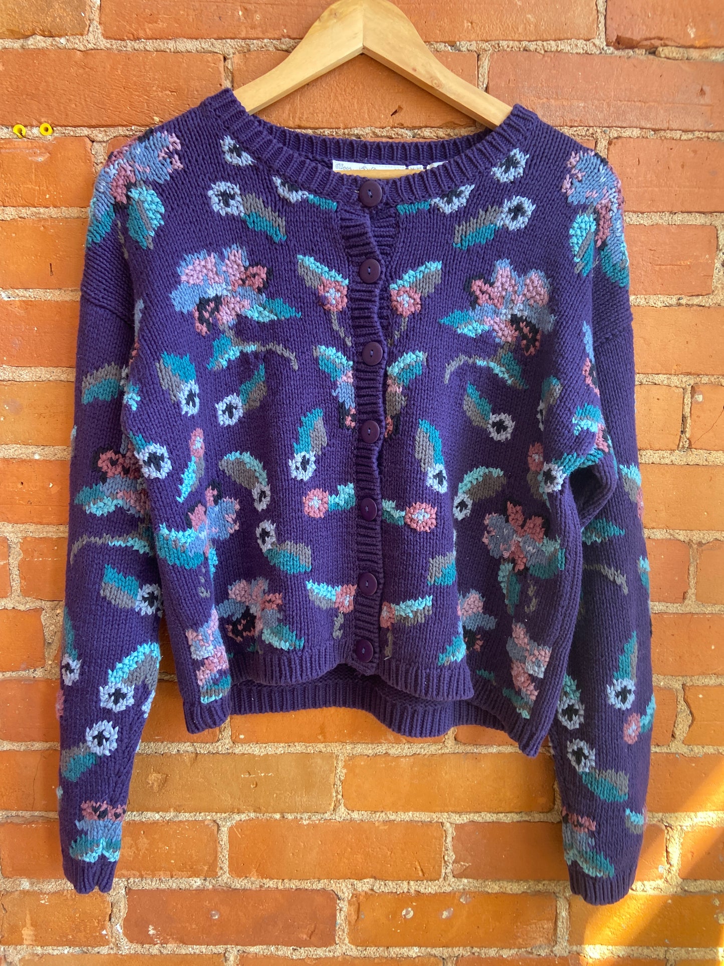 1990s Paris Sport Club Purple Hand-Knit Cardigan With Floral Pattern
