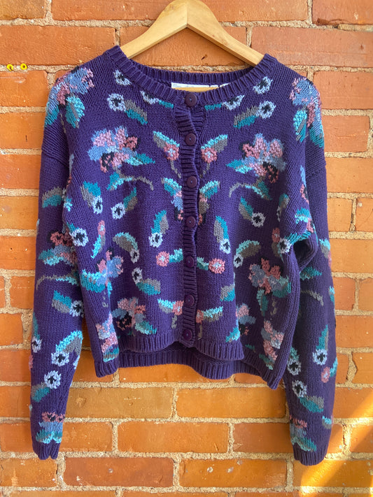 1990s Paris Sport Club Purple Hand-Knit Cardigan With Floral Pattern