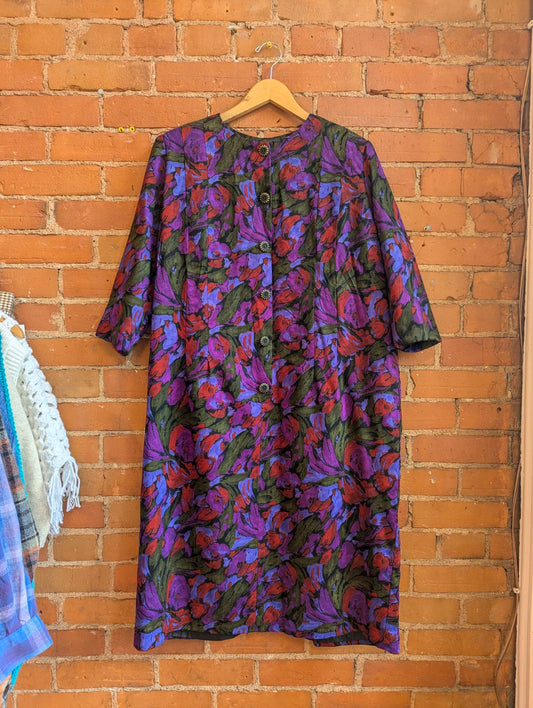 1980s Lai's Dark Purple, Pink, Red and Green Floral Print Dress