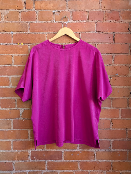 1980s Lilley Silk Fuchsia Pink Short Sleeve Blouse