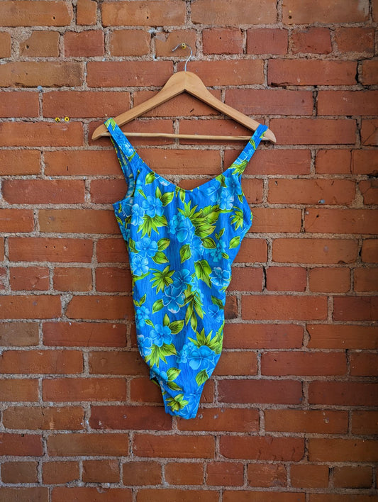 1990s Christina Blue Floral One-Piece Swimsuit