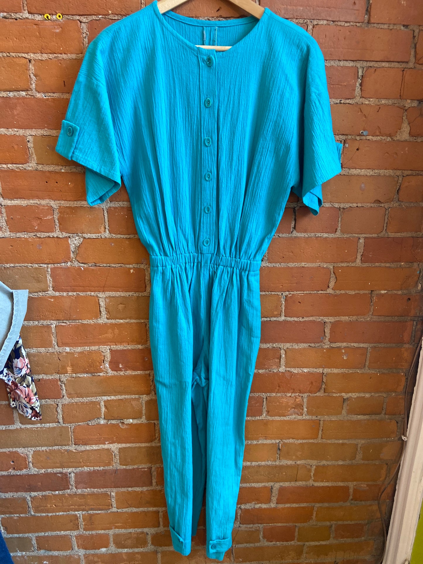 1980s Turquoise Button Front Jumpsuit With Oversize Top and Cropped Legs