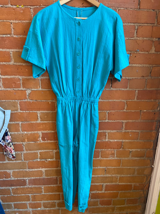 1980s Turquoise Button Front Jumpsuit With Oversize Top and Cropped Legs