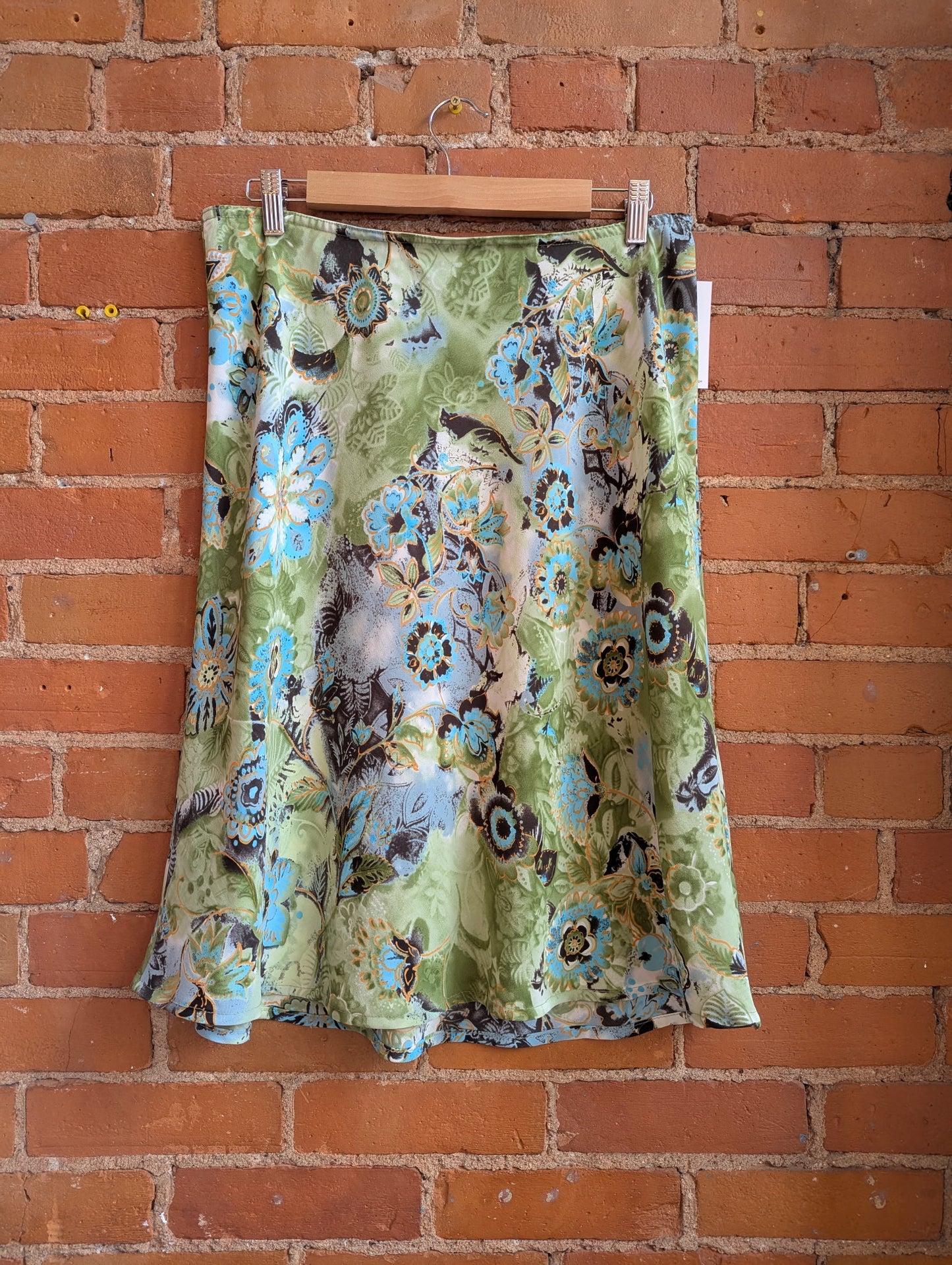 1990s Mandy Evans Green and Blue Floral Print Skirt