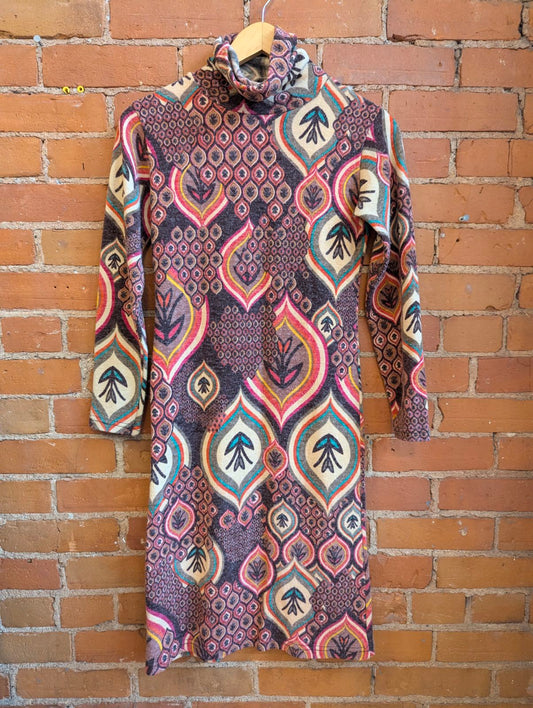 1990s Turtleneck Dress With Abstract Print