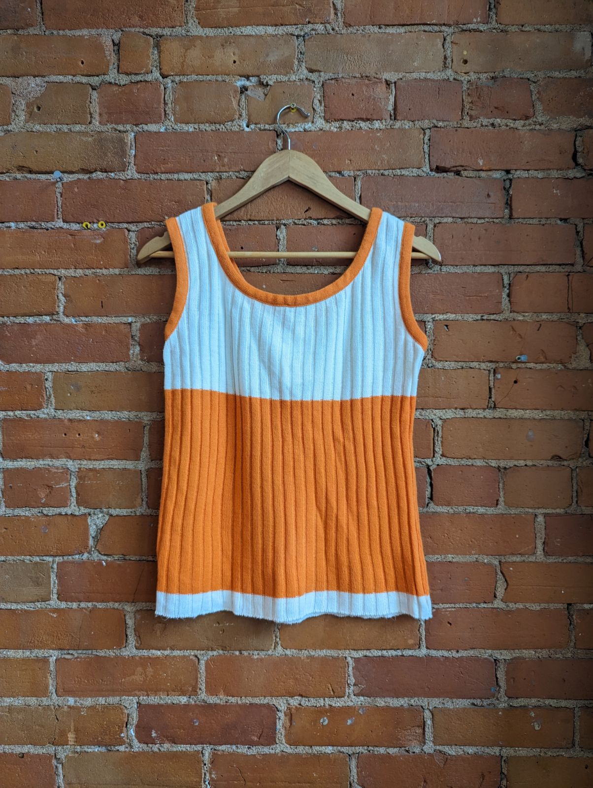 1970s Orange and White Knit Lace-Up Tank