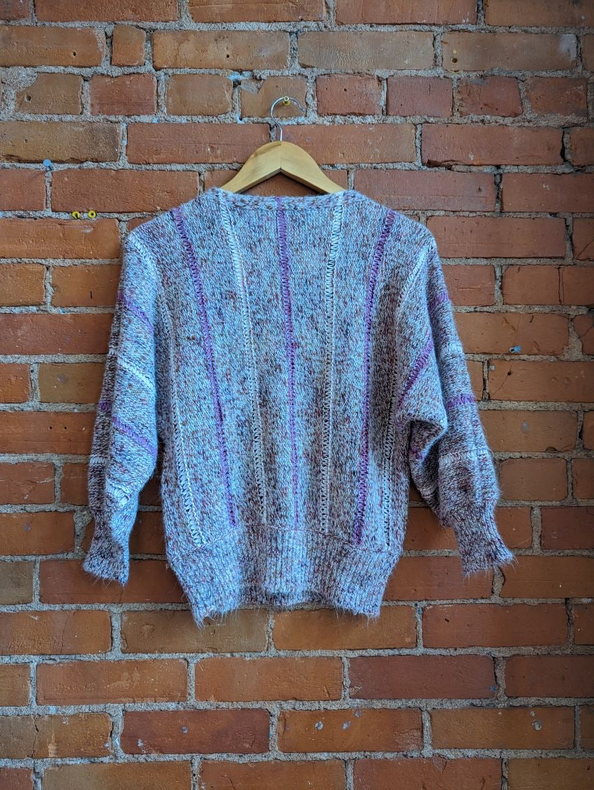 1980s Impromptu Purple and White Marled Knit Sweater