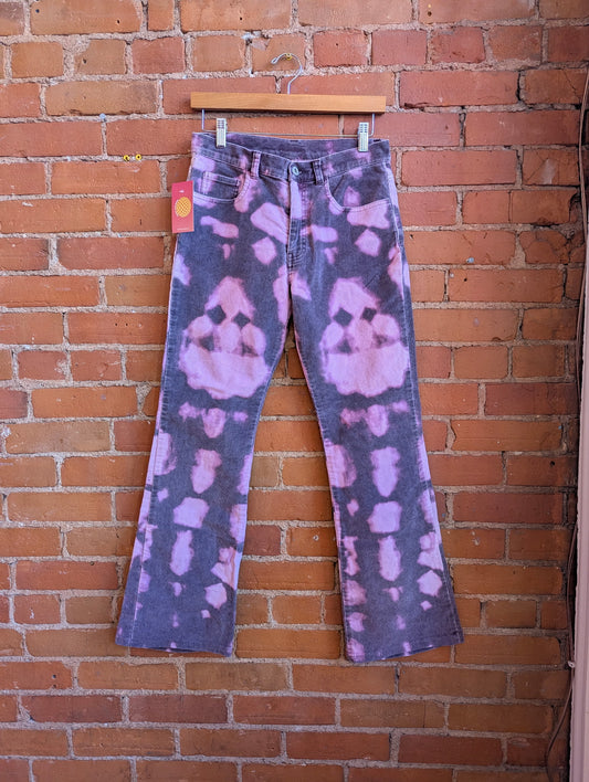 1990s Jane Doe Jeans Mid-Rise, Kick Flare Corduroy Pants With Pink and Purple Bleach Detailing