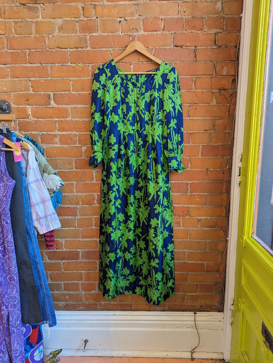 1970s Blue and Green Floral Long-Sleeve Maxi Dress