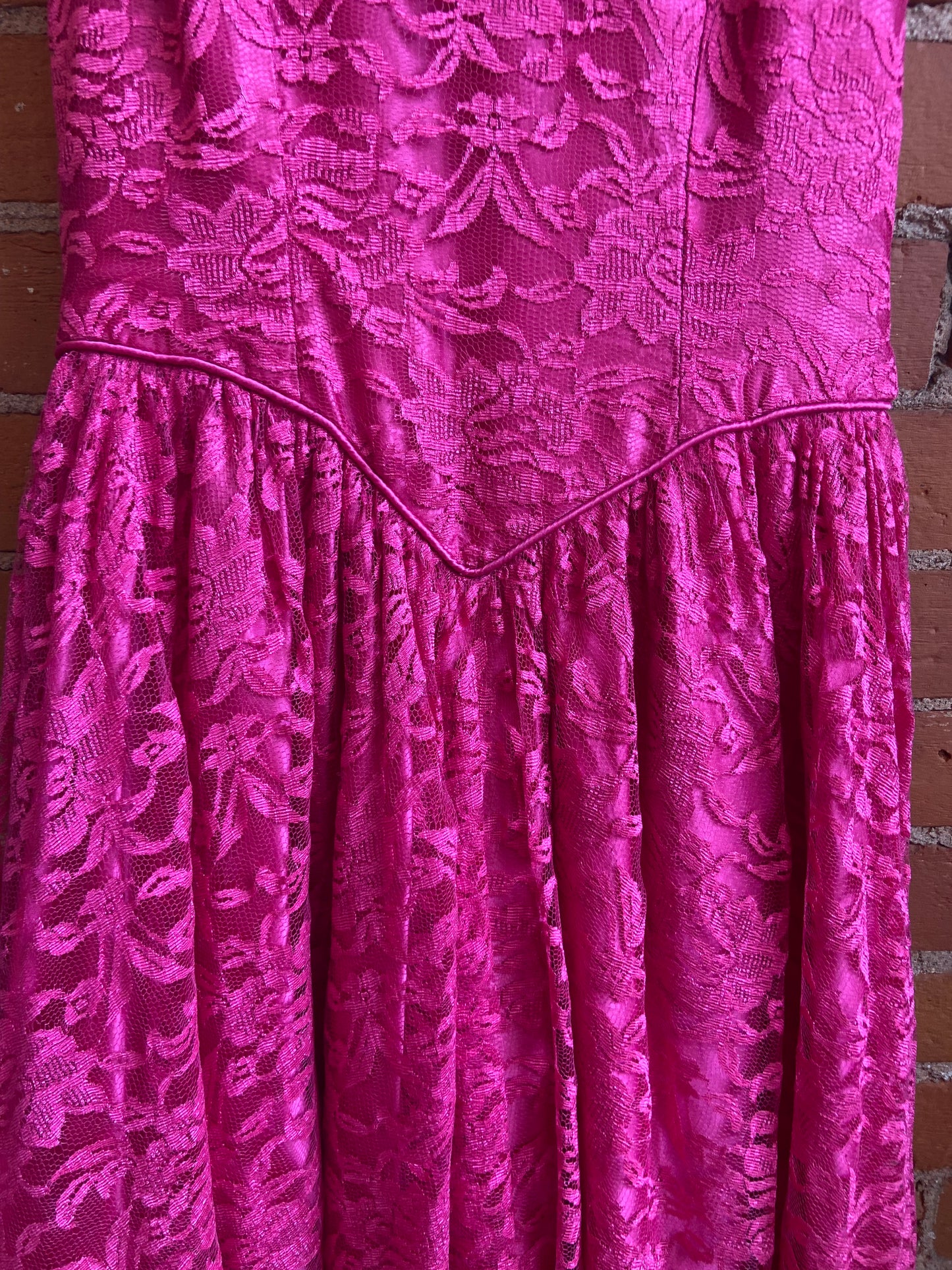 1980s Pink Floral Lace Off-The-Shoulder Dress With Full Skirt and Tulle Crinoline