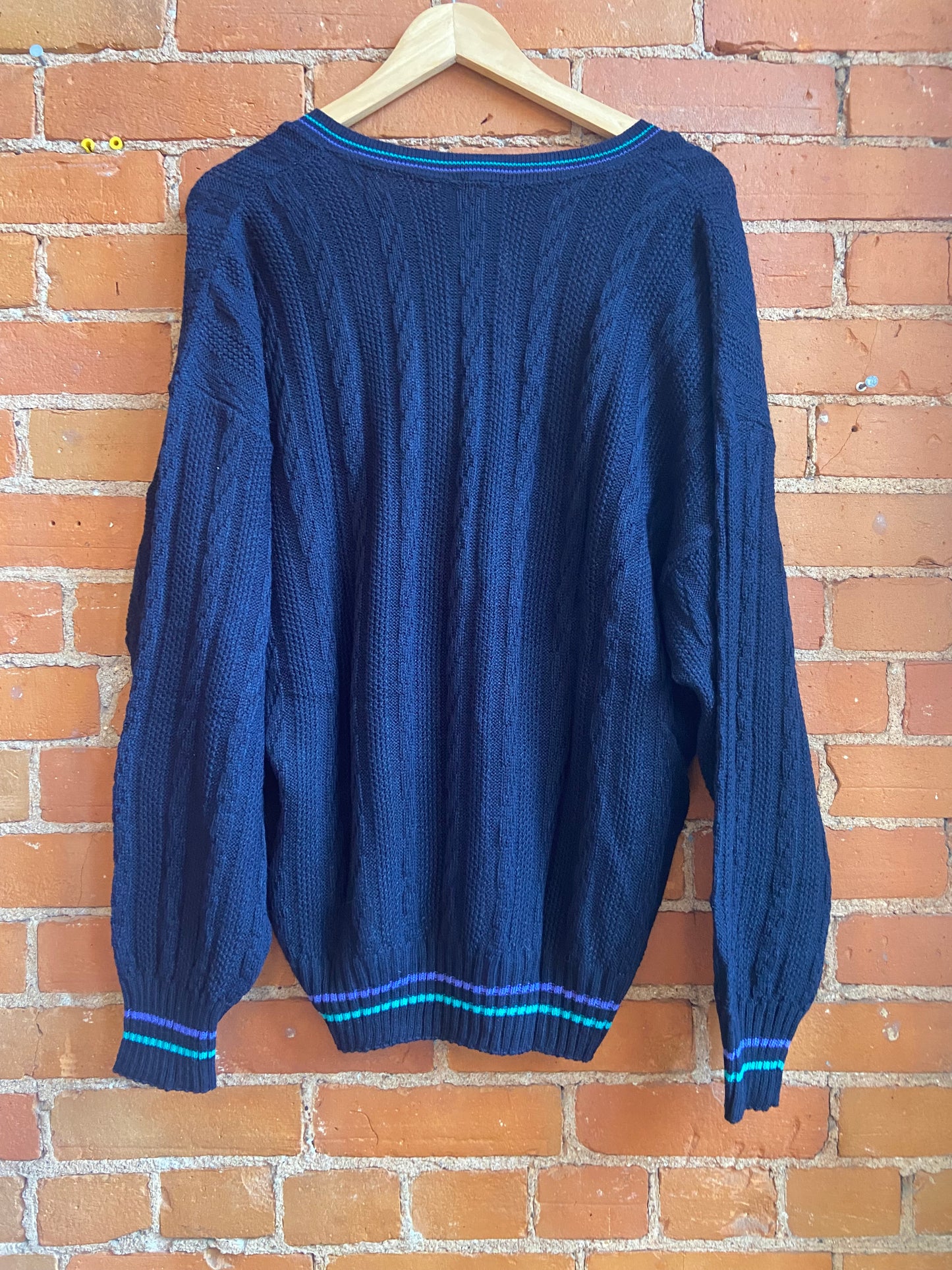 1970s NWT York Uniforms Navy Blue Cardigan With Green and Purple Striped Accents