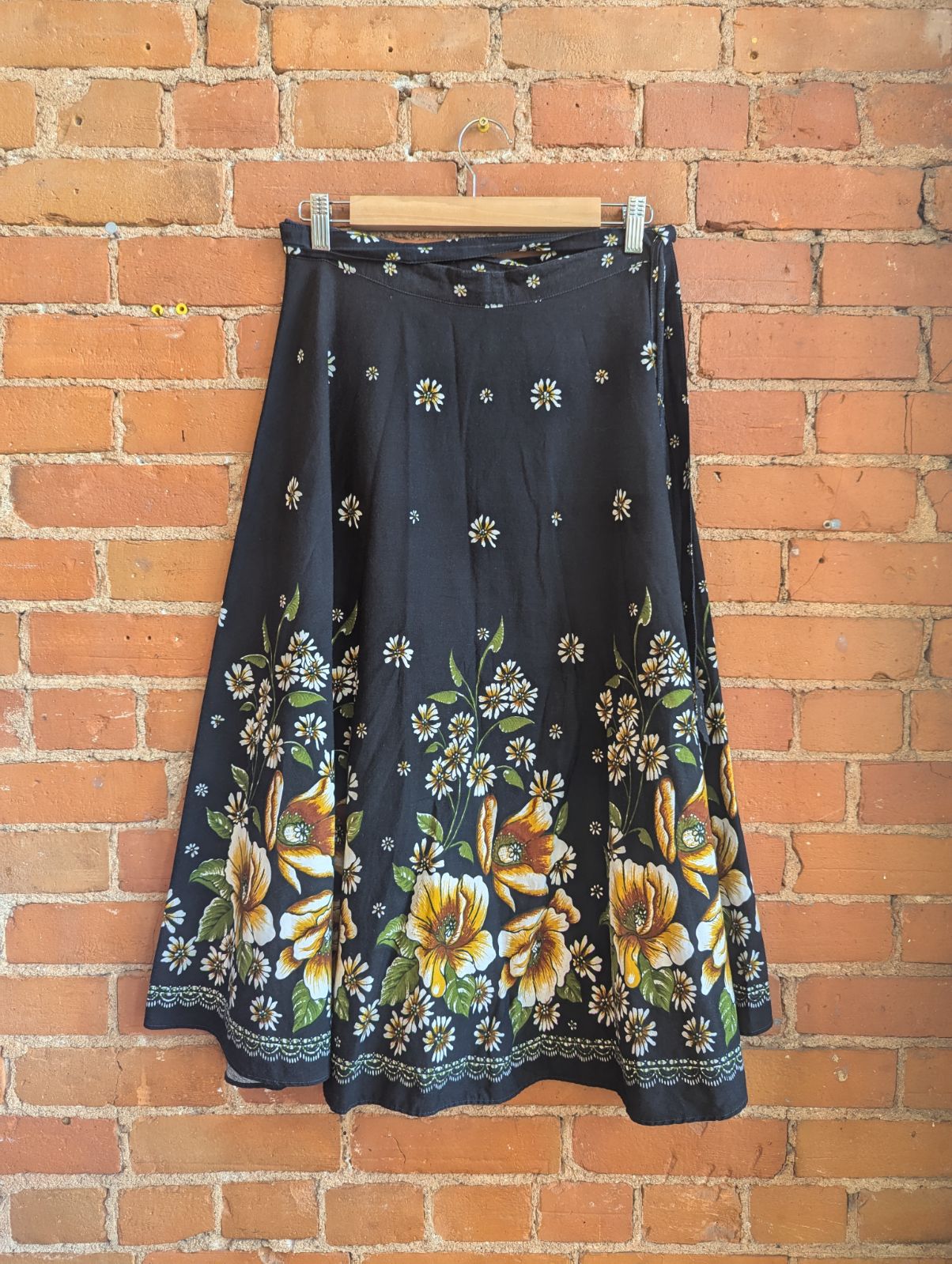 1990s Black Floral Wrap Style Midi Skirt